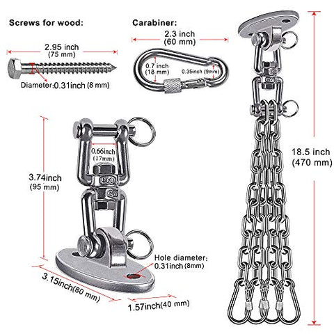 Image of Besthouse Permanent Antirust Stainless Steel 304 Heavy Duty Boxing Punching Bag Chain 300LBS Capacity, Heavy Duty Swing Hangers, 4 Chains and 4 Carabiner, 360° Rotate, 2 Screw for Wooden Sets