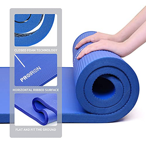 Image of NBR Yoga Mat 1830×660×10 mm - BLUE PROIRON Pilates Mat Edge Protection Non-Slip Yoga Mat Exercise Extra Thick Foam Mat Fitness Workout Mats Home Gym with Carrying Strap