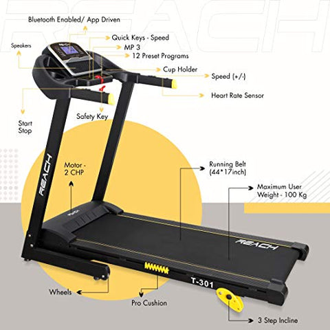 Image of Reach T-301 Folding Treadmill Peak 4 HP | Foldable Home Fitness Equipment with LCD Display for Walking & Running | Cardio Exercise Gym Machine | 4 Incline Levels | 12 Preset or Adjustable Programs | Bluetooth Connectivity | 100 Kgs Max User Weight