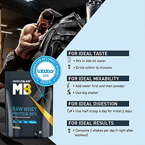 Image of MuscleBlaze Raw Whey Protein Concentrate 80% with Added Digestive Enzymes, Labdoor USA Certified (Unflavoured, 1 kg / 2.2 lb, 33 Servings)