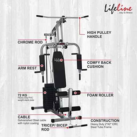 Image of Lifeline Fitness HG-002 Multi Home Gym Multiple Muscle Workout Machine Chest Biceps Back Triceps Legs for Men at Home, 72kg Weight Stack, Made in India (with LT-202 Manual Treadmill 3in1)