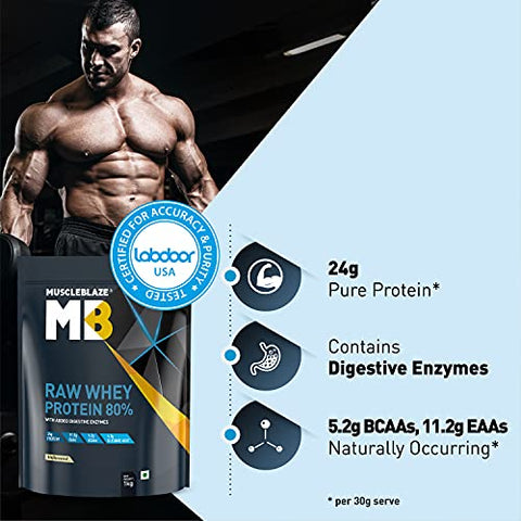 Image of MuscleBlaze Raw Whey Protein Concentrate 80% with Added Digestive Enzymes, Labdoor USA Certified (Unflavoured, 1 kg / 2.2 lb, 33 Servings)