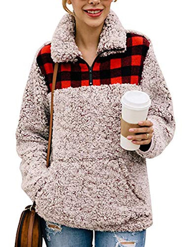 Image of MIROL Women's Long Sleeve 1/4 Zipper Pullover Sherpa Fleece Winter Oversized Outwear Sweatshirt Coat with Pockets (S, Plaid Brown)