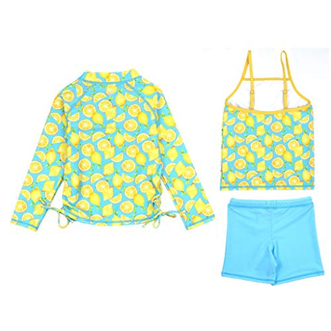Image of SwimZip Girl 3 Piece Long Sleeve Rash Guard, Tankini & Shorts - Lemons - 10-12