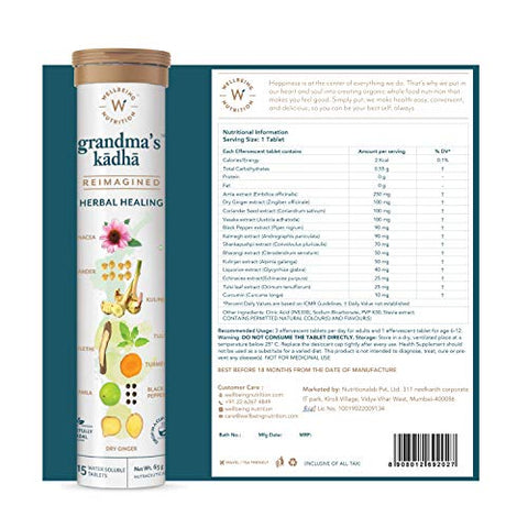 Image of Wellbeing Nutrition Grandma's Kadha - Ayush Kwath Immunity Booster | Ayurvedic Kadha for Immunity, Cold, Cough, Sore Throat & Congestion |Immunity Boosters for Adults (15 Effervescent Tablets)