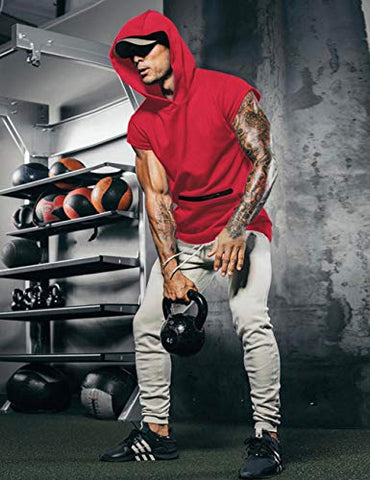 Image of Men Workout Short Sleeve Shirts Athletic Mens Top Muscle Sportswear Red XXL