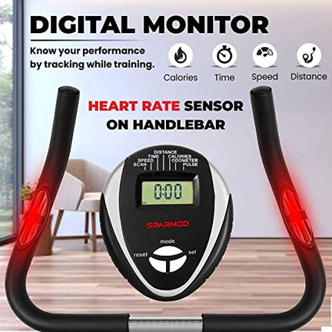 Image of SPARNOD FITNESS SUB-52 Upright Exercise Bike for home gym - LCD Display, Height Adjustable Seat, Compact design 4Kg Flywheel and Heart Rate Sensors Perfect Cardio Exercise Cycle Machine (Black/White)
