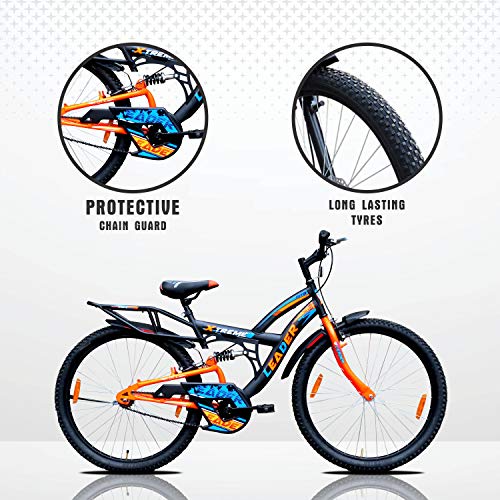 Leader Xtreme MTB 26T IBC Mountain Bicycle/Bike Without Gear Single Speed with Rear Suspension for Men - Black/Fluro Orange Ideal for 10+ Years 18 Inches Steel Frame