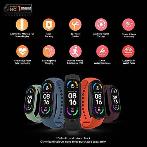 Image of Xiaomi Mi Smart Band 6, 50% Larger 1.56" AMOLED Screen, SpO2 Tracking, Continuous HR, Stress and Sleep Monitoring, 30 Sports Modes, PAI, Women's Health, Quick Replies, 5ATM Water Resistant, Black