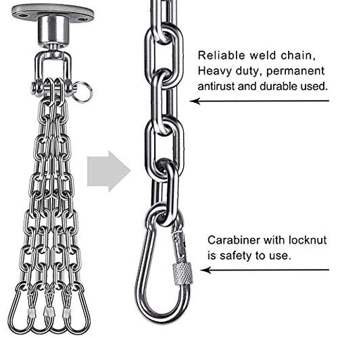 Image of BeneLabel Permanent Antirust Stainless Steel 304 Heavy Duty Boxing Punching Bag Chain, 800 LB Capacity, 360‚ Rotation Spherical Swing Hook with 4 Chains and 4 Carabiners, 2 Wood Screws for Wooden Set