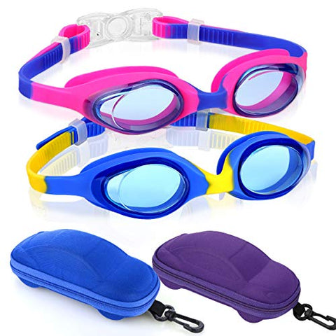 Image of Kids Swim Goggles Swimming Goggles for Boys Girls Kid Age 3-12 Child Colorful Swim Goggles Clear Vision Anti Fog UV Protection No Leak Soft Silicone Nose Bridge Protection Case Kids' Skoogles