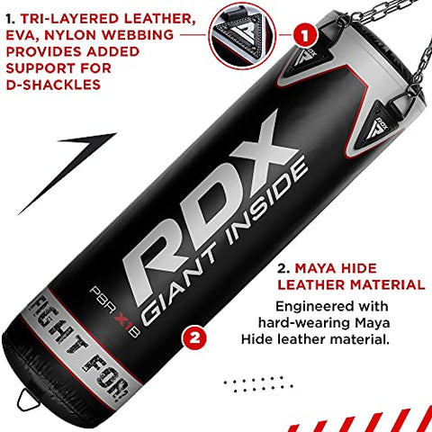 Image of RDX Punching Bag Filled Set Muay Thai Training Gloves with Punch Mitts Hanging Chain Wall Bracket, Great for MMA, Kick Boxing, Martial Arts, 4PC Available in 4FT 5FT