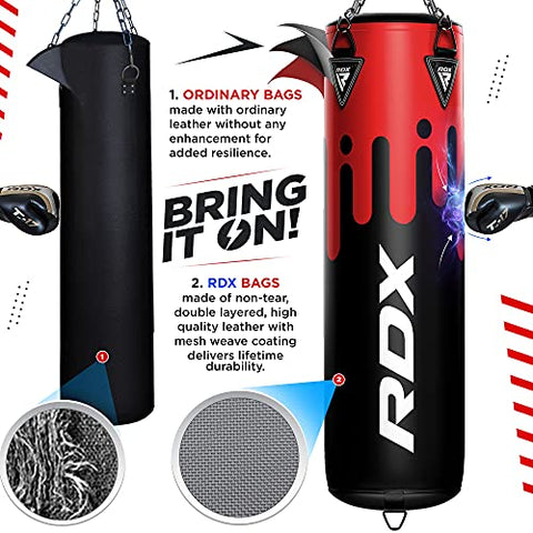 Image of RDX Punching Bag UNFILLED Set Muay Thai Training Gloves with Punch Mitts Hanging Chain, Great for MMA, Kick Boxing, Martial Arts, 4PC Available in 4FT 5FT