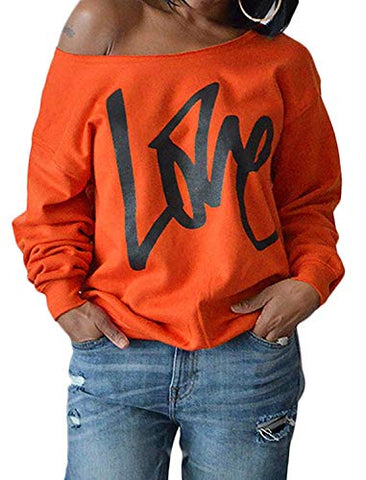Image of Yanekop Womens Love Sweatshirt Letter Print Off The Shoulder Slouchy Pullover(Orange,S)