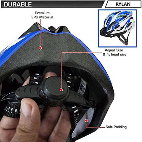 Image of RYLAN Bicycle Helmet with Detachable Visor Back Light & Insect Net Padded Adjustable Size Cycling Helmet Lightweight Mountain Bike Cycle Helmets for Mens (Blue)