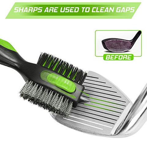 Image of Golf Club Brush and Golf Club Groove Cleaner 2 in 1, 2ft Retractable Zip-line Metal Buckle and Retractable Sharp Pick, Multifunctional Brush Head with Nylon and Wire Bristles(Black and Green Upgraded