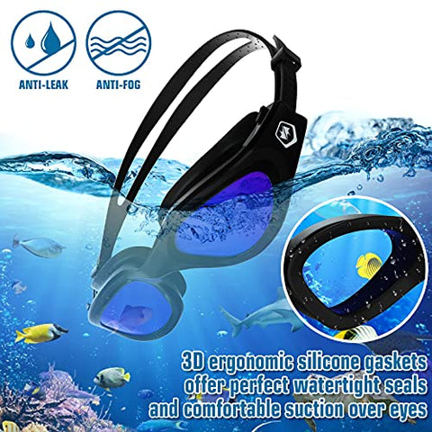 Image of Polarized Swimming Goggles,Anti Fog Anti UV No Leakage Clear Vision Easy to Adjust,with Soft Nose Bridge for Men Women Adults Teenagers (All Black/Blue Polarized Mirrored Lens)