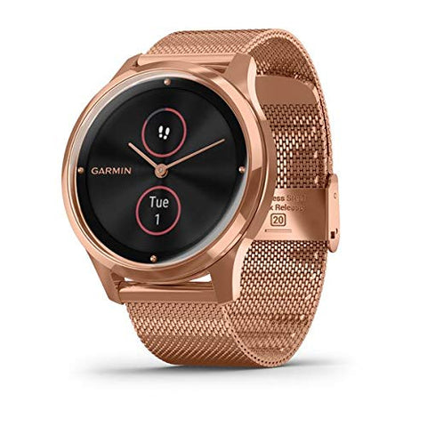 Image of Garmin vívomove Luxe, Hybrid Smartwatch with Real Watch Hands and Hidden Color Touchscreen Displays, Rose Gold with Rose Gold Milanese Band