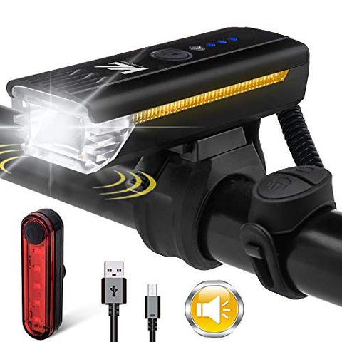 Image of VICTGOAL Cycle Light Set USB Rechargeable 450 Lumens Bright Bicycle Light with Wired Control Electronic Horn Waterproof Front Headlight and Taillight for Night Cycling (Black)