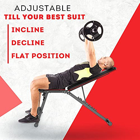 Image of FITNESS WORLD Home Multi Functional Weight Workout Strength Training Multi-Purpose Foldable Incline Decline Exercise Foldable Bench - Weight Limit: 215 Kg