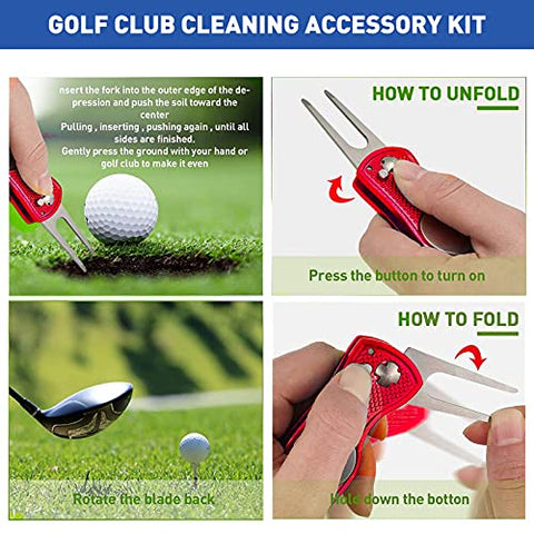 Image of YK Golf Groove Cleaning Tool Set - Microfiber Waffle Pattern Golf Towel | Retractable Club Groove Cleaner Brush | Foldable Divot Tool with Magnetic Ball Marker