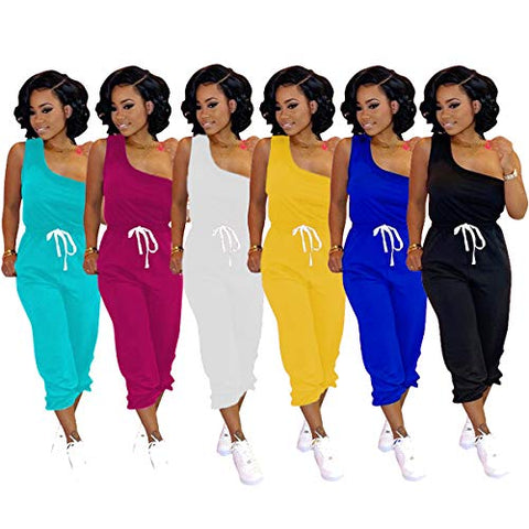 Image of Womens Pajama Sets Summer Outfits 2 Piece Sport Wear Tops with Drawstring Pants Loungewear Jumpsuit Blue
