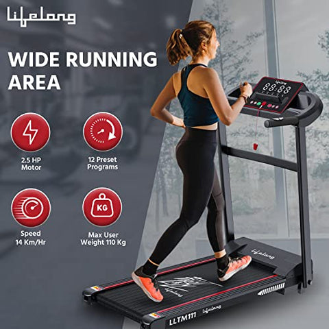 Image of Lifelong FitPro LLTM111 (2.5 HP Peak) Motorized Treadmill for Home with 12 preset Workouts, Max Speed 14km/hr., Bluetooth Speaker Max. User Weight 110kg, 1 Year Manufacturer's Warranty