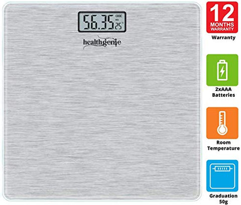 Image of Healthgenie Thick Tempered Glass Lcd Display Digital Weighing Machine , Weight Machine For Human Body Digital Weighing Scale, Weight Scale, with 2 Year Warranty & Batteries Included (Brushed Metallic)
