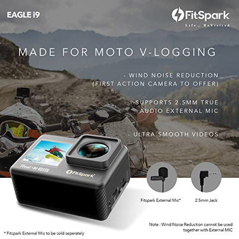 Image of FitSpark Eagle i9 Dual Screen Real 4K WiFi Action Camera with Wind Noise Reduction | Ultra HD 170° Wide-Angle Lens | 6-Axis Gyro Stablization + EIS | 2.5mm External MIC Support | Smartwatch Remote