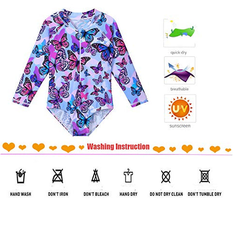 Image of ZNYUNE Girls One Piece Rashguard Swimwear Long Sleeve Swim Suit with Zipper UPF 50+ Sun Protection (PurpleButterfly, for 7-8 Years)