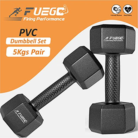 Image of FUEGO Dumbbells, Black PVC Hex Dumbbell Set, 1 Pair Hex Dumbbells, Dumbbells, Home Gym () (BLACK 5KGS PAIR)