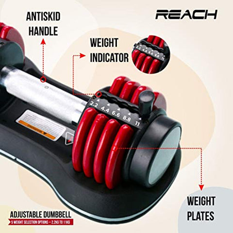 Image of Reach Carbon Adjustable Dumbbells with Pin Lock Technology Space Saver (Single) (Carbon-11 (kgs) Red)