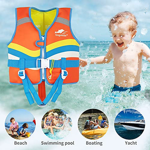 Image of Kids Life Jackets Swim Vest - Toddler Life Vest Learn to Swim, Unisex-Child Swim Trainer Vest with Emergency Whistle & Adjustable Safety Strap (Orange, M)