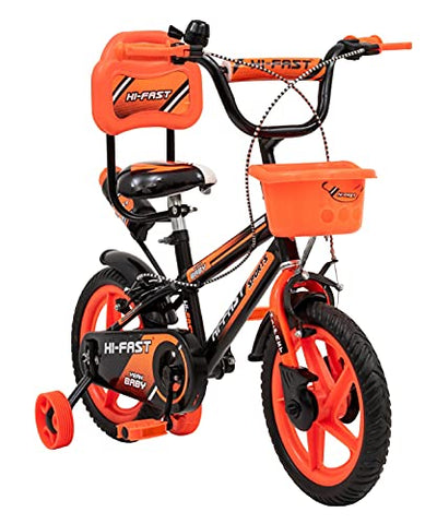 Image of HI-FAST Kids 14 inch Steel Frame Sports BMX Cycle with Training Wheels (Orange, 3 to 5 Years, 90% Assembled)