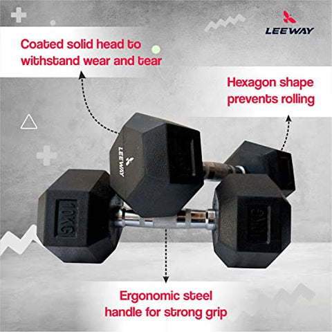 Image of LEEWAY Hex Dumbbells Pack (20 kg*2)| Gym Dumbbells| Rubber Coating Free Weight Dumbbell Set| Rubber Encased Hex Fixed Dumbbell Weight| Professional Rubber Coated Hexa Dumbbells (20Kg Pair)