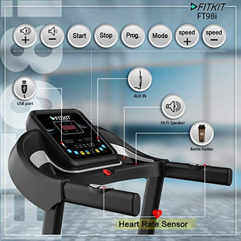 Image of Fitkit Series 1.5HP 2HP Peak DC-Motorised Treadmill FT98i, Max Speed - 10km/hr, Max Weight - 90 Kg with Home Installation and Diet and Fitness Plan (Black)