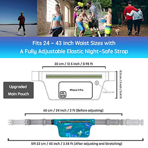 Image of Ultra Slim Fanny Pack Holographic, Water Resistant Hologram Metallic Neon Waist Bag, Upgraded Inner Pockets, Reflective Adjustable Elastic Belt Laser Bum Bag for Rave Festival Travel Party, Neon Blue