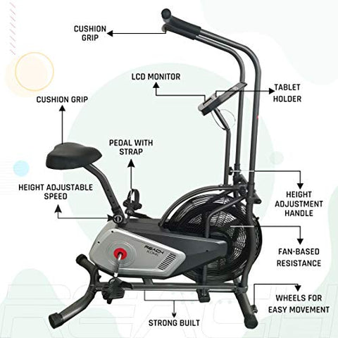 Image of Reach Iconic Air Bike Exercise Cycle for Home Gym | Fan-based Air Resistance for Cardio & Fitness Workout | Indoor Gym Equipment with LCD screen and Cushioned Seat