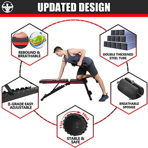 Image of KOMSURF Weight Bench, Adjustable Workout Bench, Exercise Bench Press for Home Gym, Foldable Equipment Body Gym System, Strength Training Bench for Full Body Workout