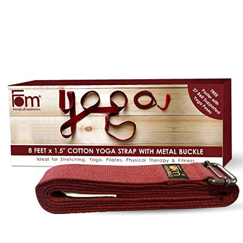 Image of Fom (Friends Of Meditation) Yoga Belt (8Ftx1.5€): Best For Daily Stretching, Yoga, Pilates, Physical Therapy, Fitness - Cotton, Maroon