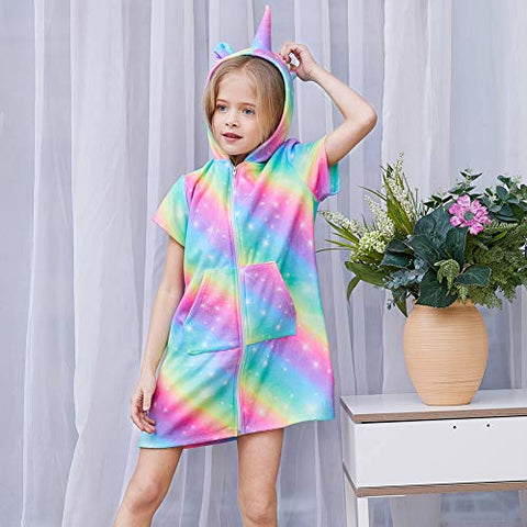 Image of FIOBEE Unicorn Cover Up for Girls Terry Hooded Cover Ups for Kids Swimsuit Beach Dress with Zipper Rainbow