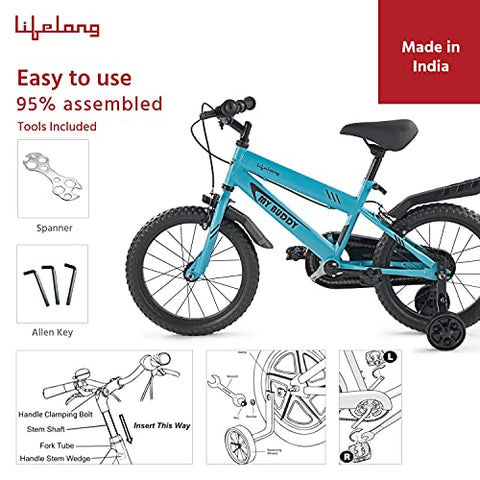 Image of Lifelong LLBC1601 Mybuddy Cycle 16T with Support for Boys and Girls, 9.5'' Steel Frame| 85% Assembled, Frame Size: 12" | Ideal Height : 3 ft 8 inch+ | Ideal for 4 to 8 Years (Blue)