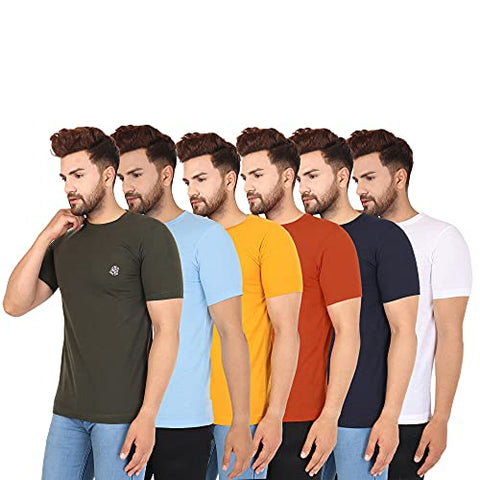 Image of RZERO9 Men's Solid Plain Regular Fit Half Sleeve Cotton Round Neck T-Shirt Combo (Pack of 6)/OLIVESKY Blue/Mustard/Rust/Navy/White