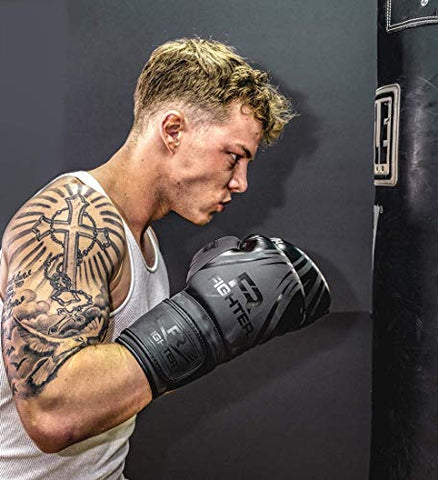 Image of Fighter Boxing Gloves Perfect for MMA Training, Punching Bag, Kickboxing, Muay Thai Boxing Gloves for Men, Women and Adult (Black, 12 oz)