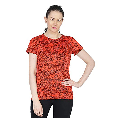 Image of URBAN CIRCUS Polyester Women's Round Neck Half Sleeve Yoga Gym Sports Dryfit Active Wear T Shirt (Green and Orange Combo, Large)