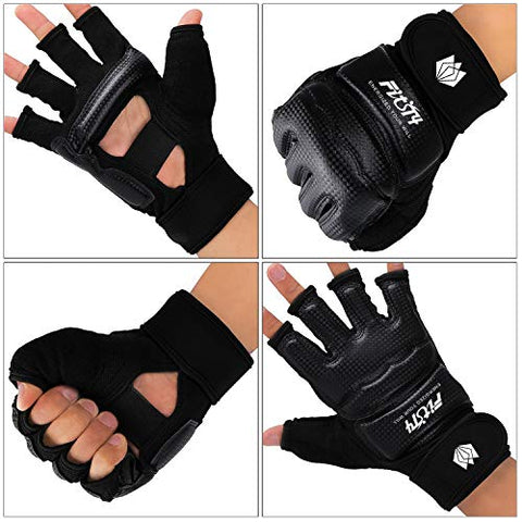 Image of FitsT4 Half Mitts UFC MMA Training Boxing Punch Bag Kickboxing Sparring Grappling Martial Arts Muay Thai Taekwondo Wrist Wraps Support Gloves for Women Men Kids Black M