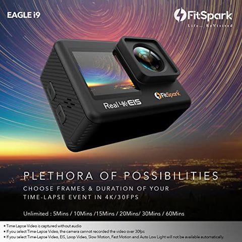 Image of FitSpark Eagle i9 Dual Screen Real 4K WiFi Action Camera with Wind Noise Reduction | Ultra HD 170° Wide-Angle Lens | 6-Axis Gyro Stablization + EIS | 2.5mm External MIC Support | Smartwatch Remote
