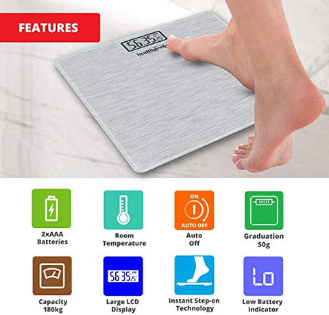 Image of Healthgenie Thick Tempered Glass Lcd Display Digital Weighing Machine , Weight Machine For Human Body Digital Weighing Scale, Weight Scale, with 2 Year Warranty & Batteries Included (Brushed Metallic)