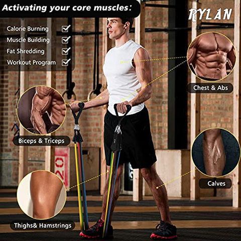 Image of RYLAN-Resistance Bands Set for Exercise, Stretching, and Workout Toning Tube Kit with Foam Handles, Door Anchor, Ankle Strap, and Carrying Bag for Men, Women (TPE)