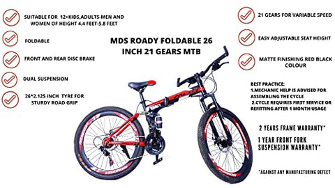 Image of MDS Unlimited CYCLES ROADY 26 inches 21 Shimano Gear Dual Suspension 18 Inches Steel Frame Double Disc Brake Foldable MTB Mountain Bike Cycle for Unisex (Black Red )